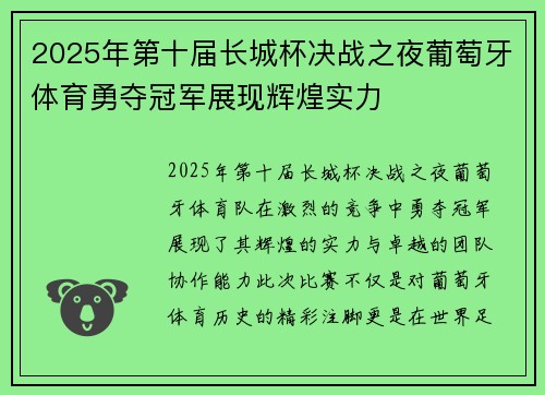 2025年第十届长城杯决战之夜葡萄牙体育勇夺冠军展现辉煌实力